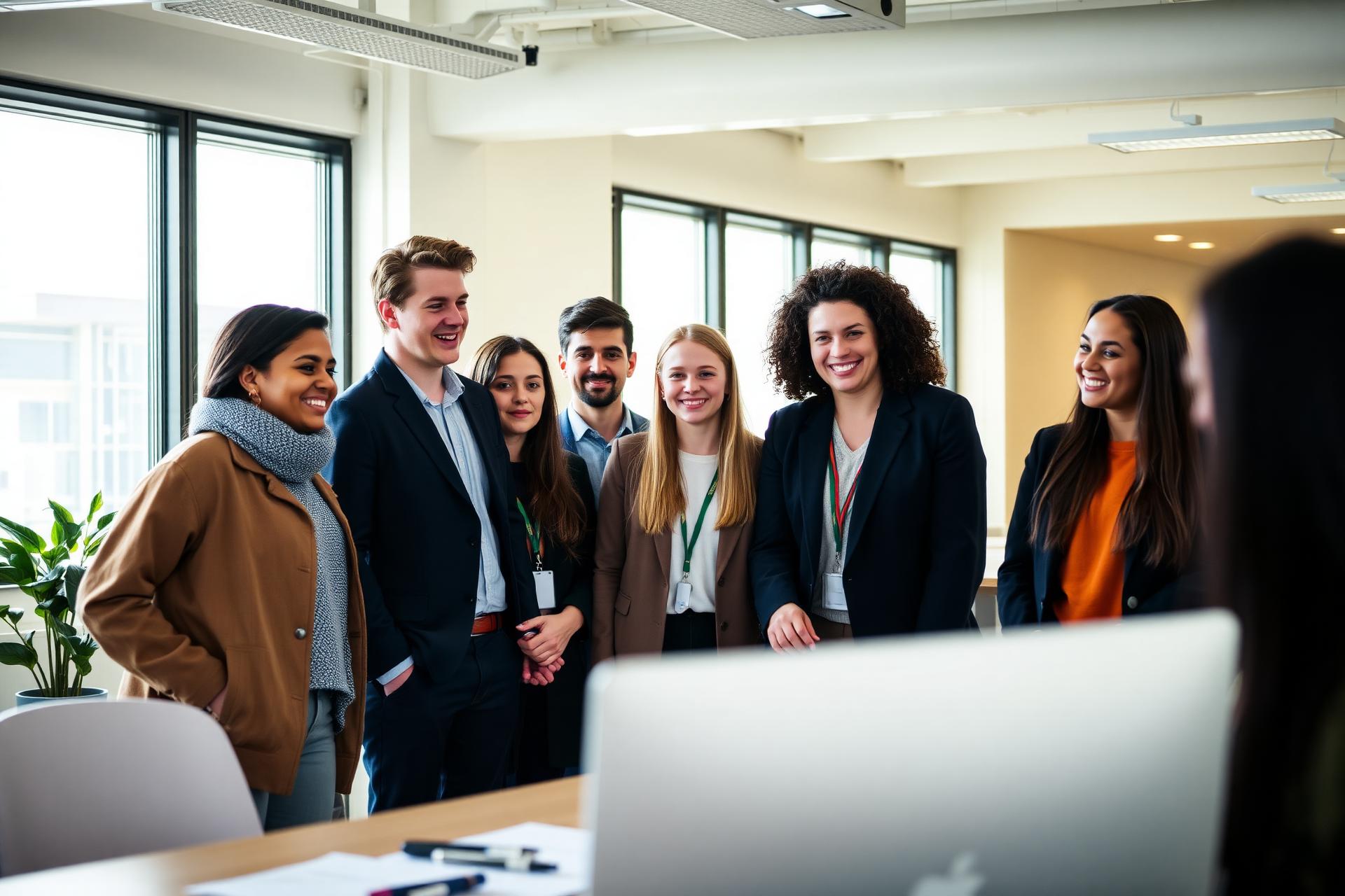 Diverse young professionals, apprentices and graduates collaborating in a modern UK office